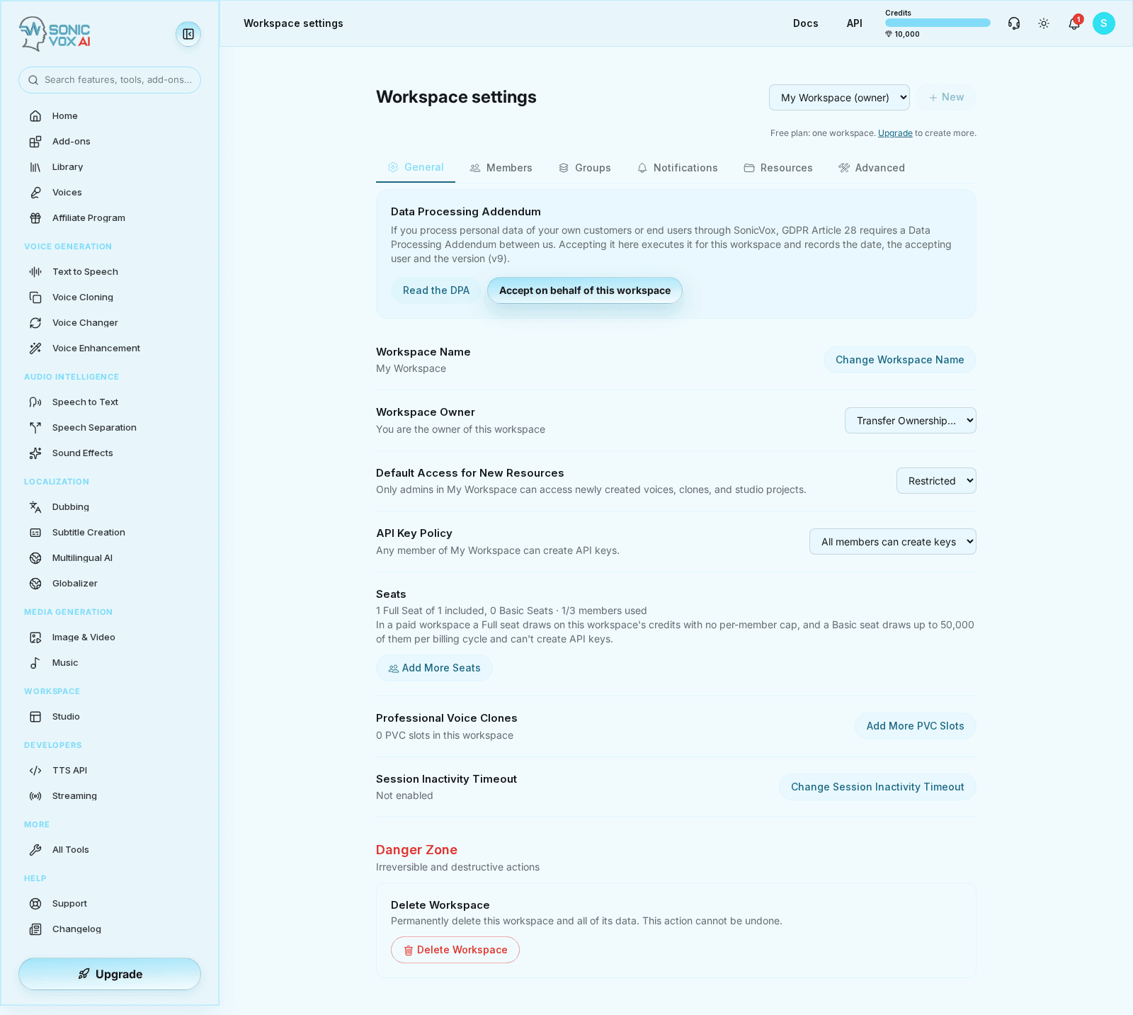 The workspace switcher and the General tab of team settings